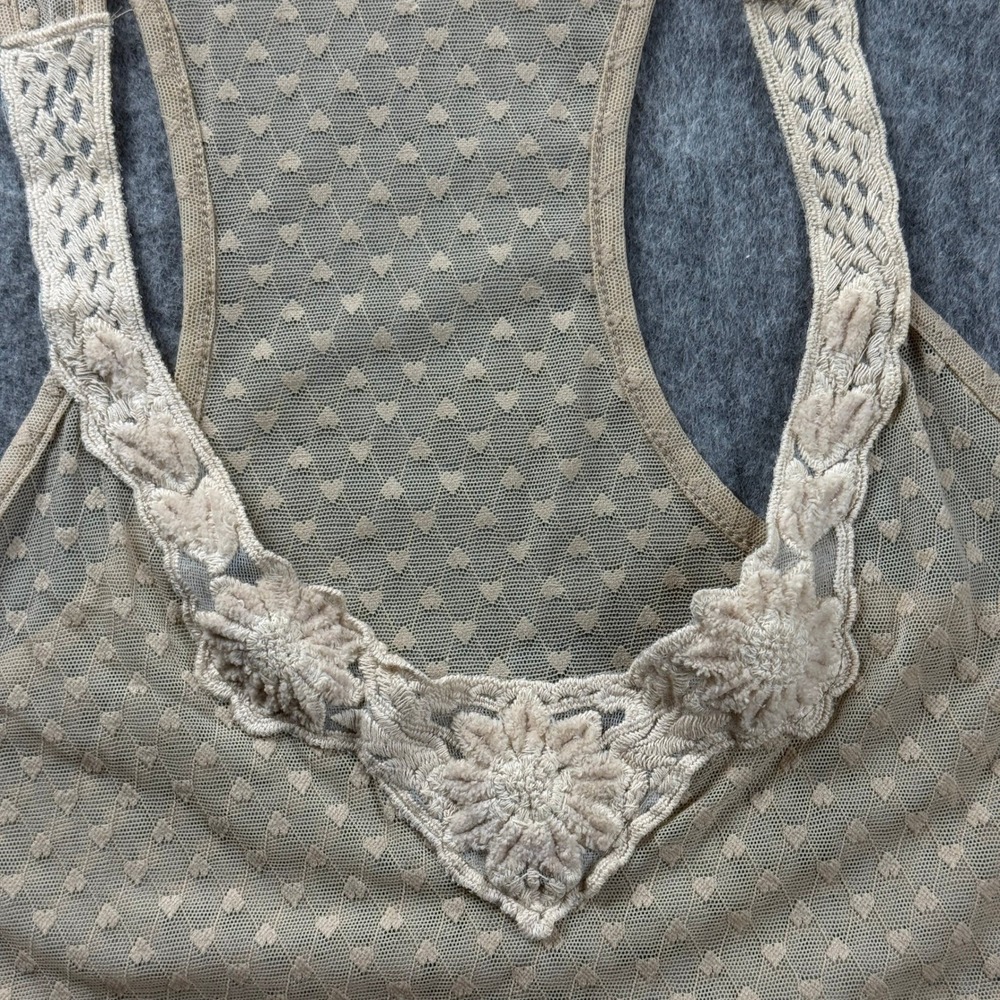 Vintage Lily White Womens Large Beige Heart Mesh Racerback Tank Top Crochet USA